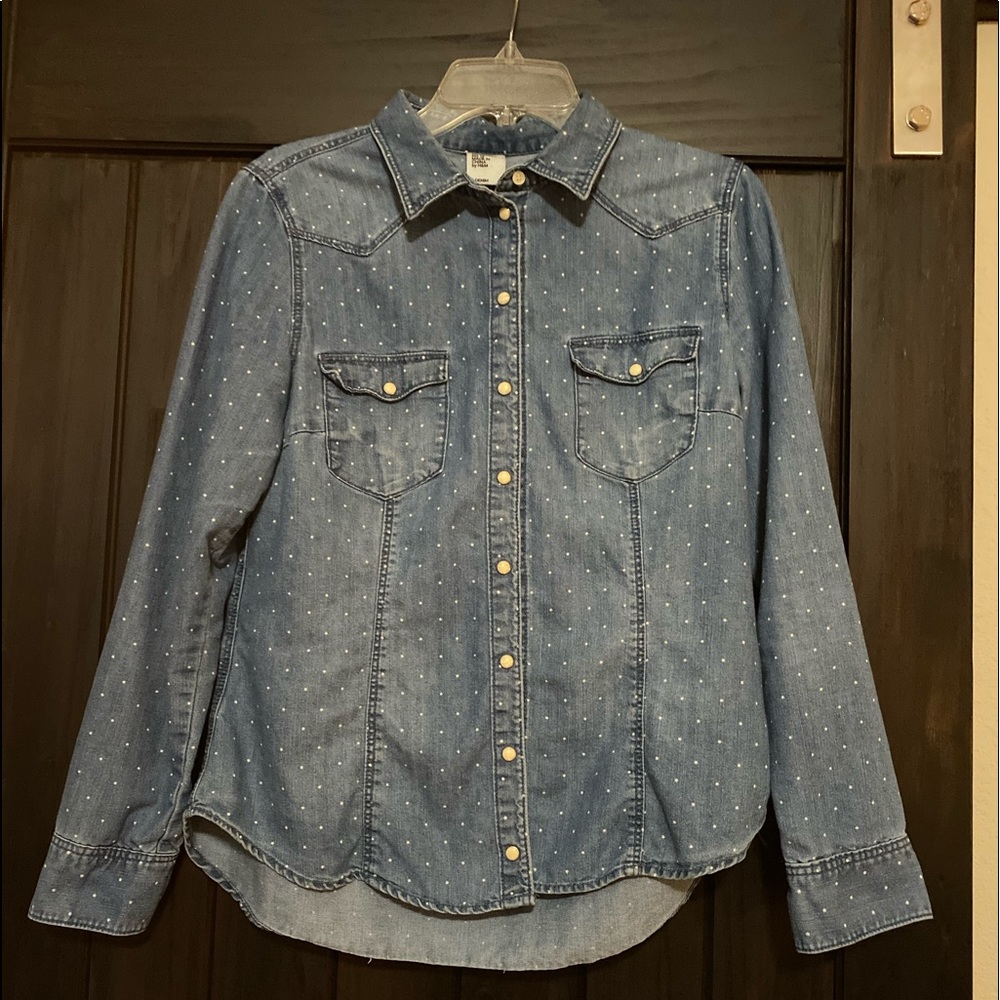 Denim button down with white polka dots